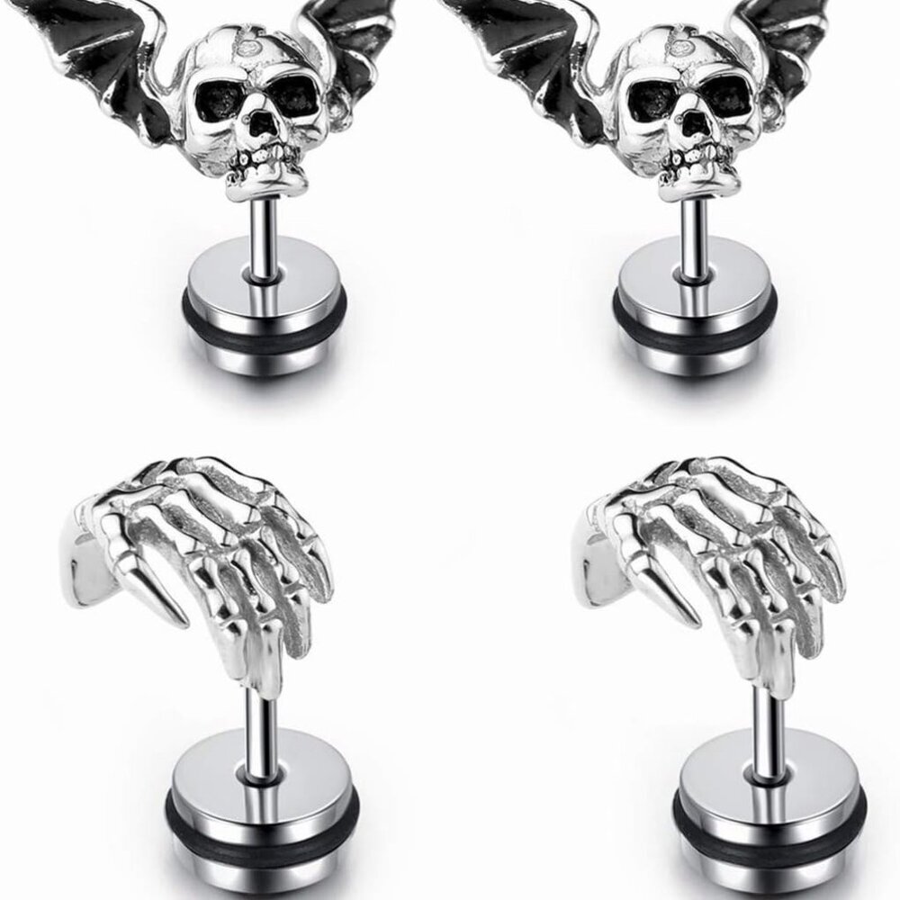 4PCS Skull Ghost Head Skeleton Claw Bat Earring Flat Back Screw On Cool Ear Lobe